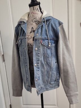 Levi's Light Blue Denim Jacket with Gray Hoodie Sleeves